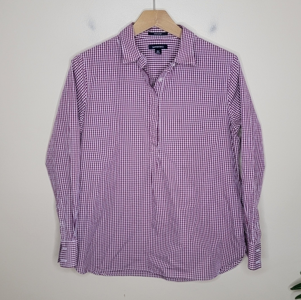 Lands' End | Petite Burgundy Gingham Check Collared Popover Shirt Size 10P